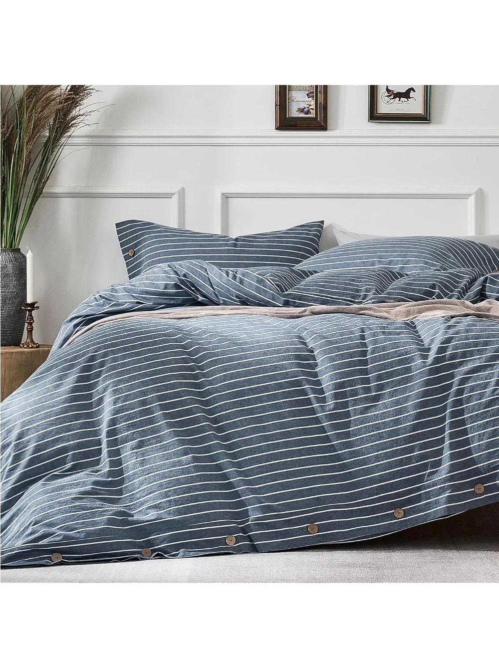 NEW JELLYMONI 100% Washed Cotton Striped Duvet Cover Set Full, Linen-Like